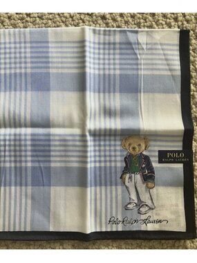 New Polo Ralph Lauren Bear Handkerchief Scarf Pocket Square Light Blue Plaid